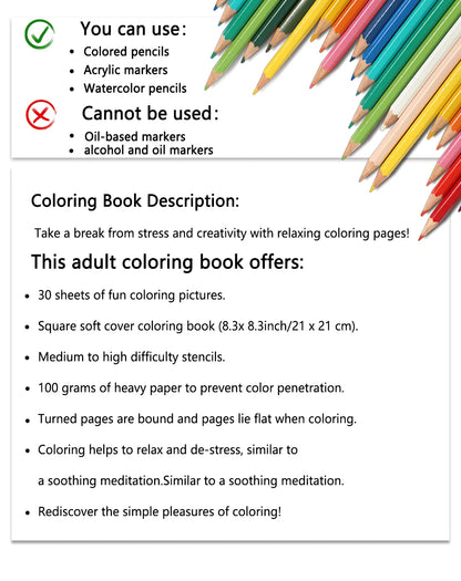 Stress Reduction Colouring Book 30 Sheets, 8.3x 8.3 inch 100gsm Thick Paper, Spiral Bound, Halloween and many other holiday gift