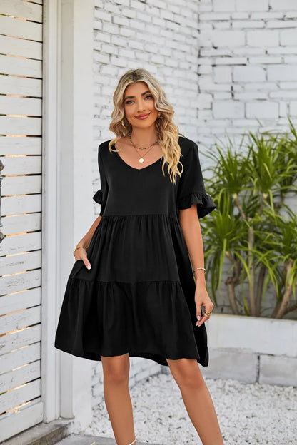 Women Clothes Summer Ruffle V Neck Short Sleeve Solid Cotton Beach Midi Dress Trendy Loose Simple Elegant Party Dresses Vestidos