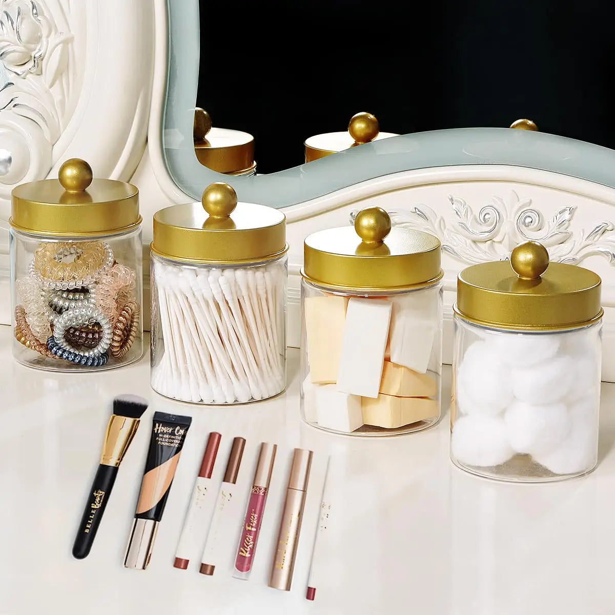 Bathroom Vanity Storage Organizer Set -- Farmhouse Decor Qtip Holder for Cotton Swabs,Makeup Sponges,Flossers,Paper Clips