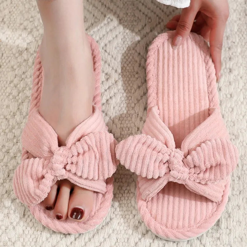 Summer House Slippers for Women Corduroy Cross Bow Indoor Slippers Slip On Bedroom Shoes with Soft Memory Foam Anti-Skid Shoes