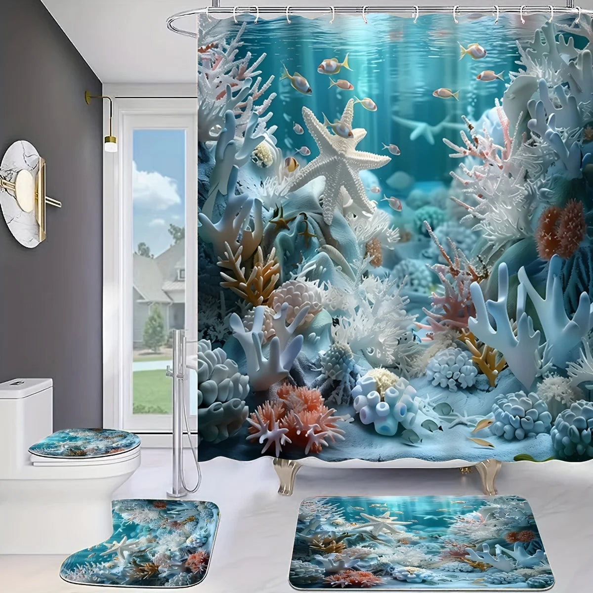Enchanting Underwater Coral Reef Bathroom Set - Waterproof Shower Curtain, Toilet Lid Cover, Bath Mat, and Contour Mat