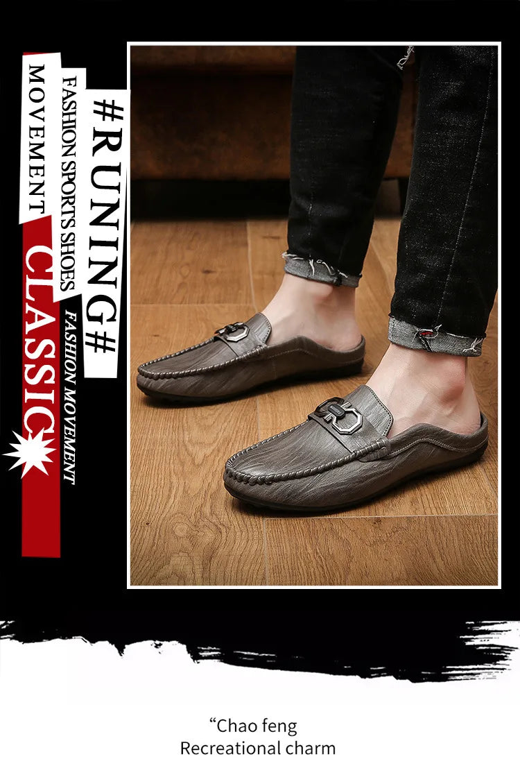 Designer Men Slippers Luxury Leather Casual Shoes for Men Breathable Soft Soled Loafers Fashion British style Men Half Slippers