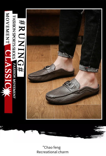 Designer Men Slippers Luxury Leather Casual Shoes for Men Breathable Soft Soled Loafers Fashion British style Men Half Slippers