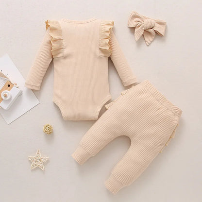 Newborn Baby Girls Clothes Infant Long Sleeve Ruffle Romper Bodysuits+Pants+Bow Headband 3Pcs Suit Children Toddler Outfit A422