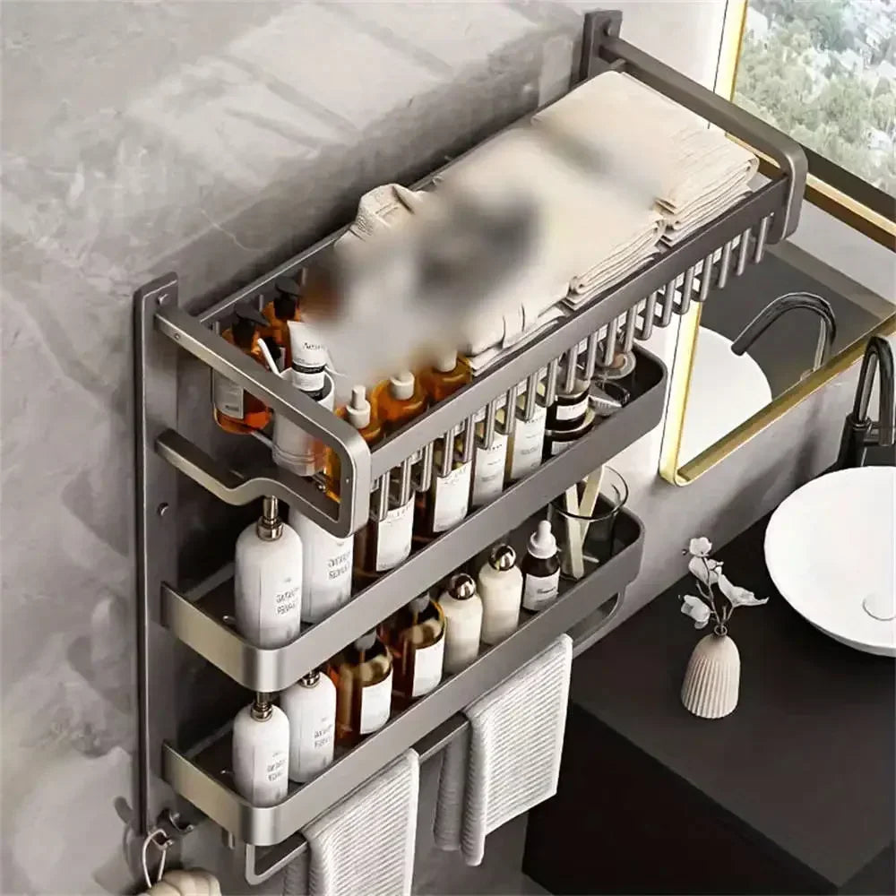 Bathroom Space Storage Towel Items Storage Rack Shampoo Bottle Mouthwash Cup Triple Shelf Wall Hooks Bathroom Accessories