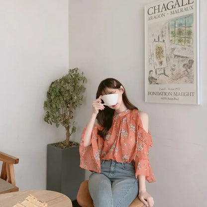 Fashion Woman Off Shoulder Blouse Shirts For Women Stylish Top long Sleeve Female Tops Elegant Chiffon Mujer Woman Clothes