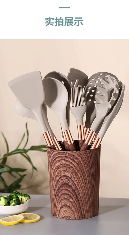 Kitchen Utensils Silicone Cooking Utensils Kitchenware, Gold-plated Wood Grain Handle, Spatula, SpoonsCooking Pots Set