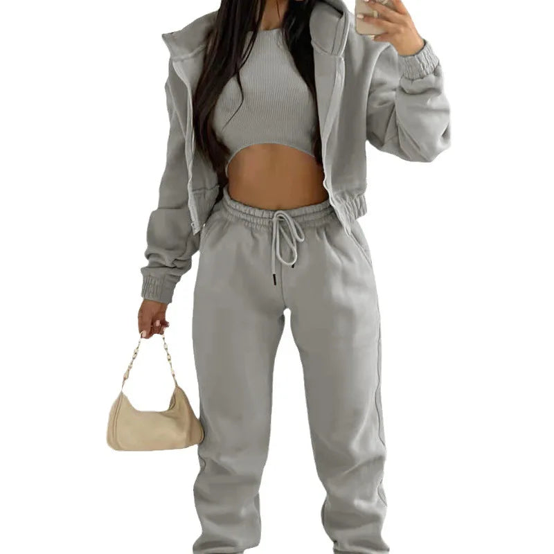 Women's 3-piece Trousers Velvet Hooded Sweatshirt Sports Casual Outfit Casual Long Sleeve Ribbed High Waist Pant Suits Sporty