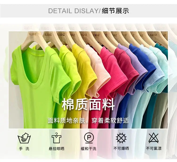 Women's Clothing U-neck T-Shirts Tops Tees pure cotton shoulder sleeved summer solid color slimming short low neck bottom shirt