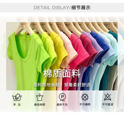Women's Clothing U-neck T-Shirts Tops Tees pure cotton shoulder sleeved summer solid color slimming short low neck bottom shirt