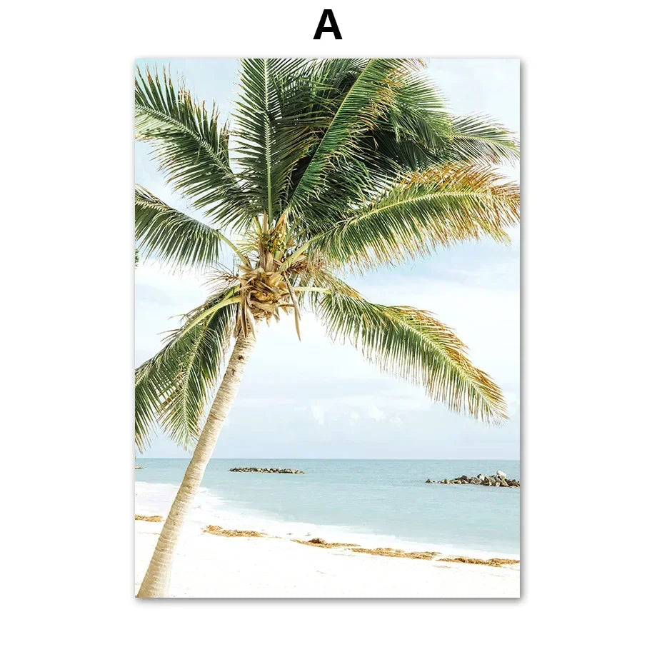 Wall Art Canvas Painting Nordic Palm Tree Sea Beach Flower Bird Seascape Posters and Prints Wall Pictures for Living Room Decor