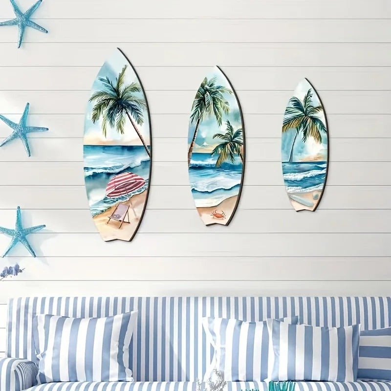 Set of 3 Handcrafted Wooden Surfboard Wall Decor - Coastal Beach Themed Hanging Plaques for Summer Home & Patio Design