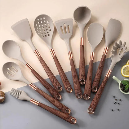 Kitchen Utensils Silicone Cooking Utensils Kitchenware, Gold-plated Wood Grain Handle, Spatula, SpoonsCooking Pots Set