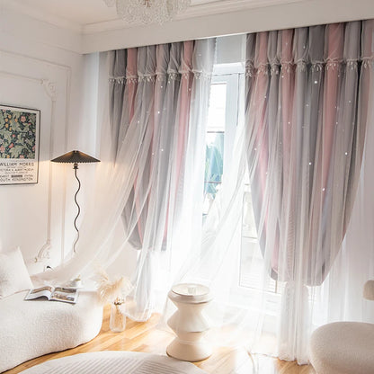 Double-Layer Blackout Curtains with Self-Stick Rodless and Lace Sheer Tieback for Living Room and Bedroom - Block Out Light and