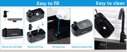 Hand and Dish Soap Dispenser Set Detergent Dispenser Sponge Holder 2-in-1 Countertop Soap Pump Dispenser for Kitchen Sink