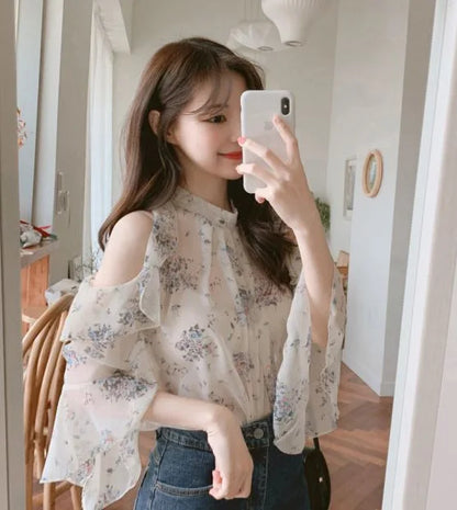 Fashion Woman Off Shoulder Blouse Shirts For Women Stylish Top long Sleeve Female Tops Elegant Chiffon Mujer Woman Clothes