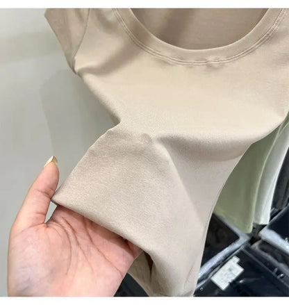 Women's Clothing U-neck T-Shirts Tops Tees pure cotton shoulder sleeved summer solid color slimming short low neck bottom shirt