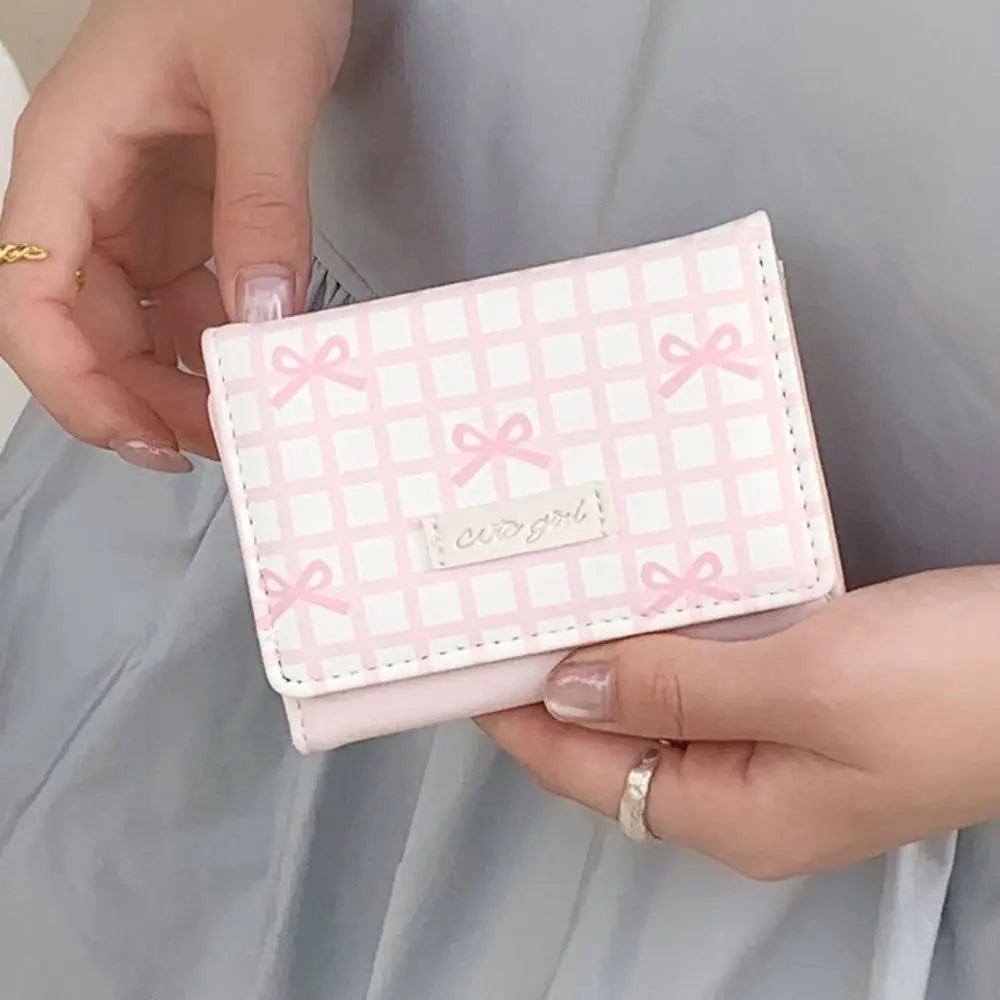 Portable Sweet Cute Tri-Fold Purses Multiple Card Slot Lattice Bow Short Wallet Candy Color PU Leather Women Card Holder Daily