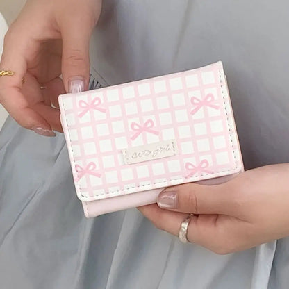 Portable Sweet Cute Tri-Fold Purses Multiple Card Slot Lattice Bow Short Wallet Candy Color PU Leather Women Card Holder Daily