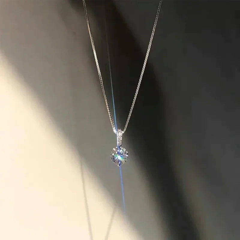 New Women 925 Sterling Silver Jewelry Zircon Fine Round Pendant Necklace Fashion Rhinestone Clavicle Chain Neck Birthday Gift