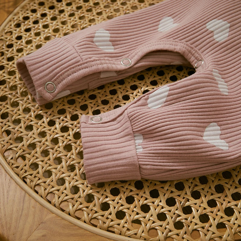Ruffle Long Sleeve Infant Baby Girls Romper Kids Clothes Cute Heart Print Rib Jumpsuit+Headdress Valentine's Day Kids Playsuit