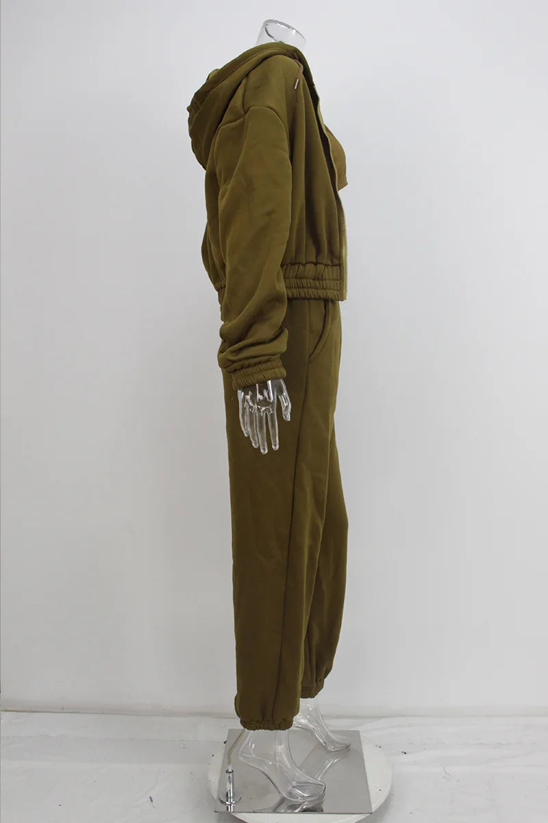 Women's 3-piece Trousers Velvet Hooded Sweatshirt Sports Casual Outfit Casual Long Sleeve Ribbed High Waist Pant Suits Sporty