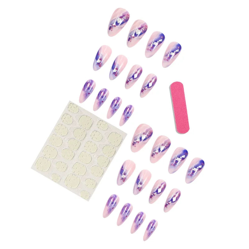 24Pcs Almond French Fake Nails with Purple Gradient Blending Press on False Nails Full Cover Artificial Wearable Manicure Tools