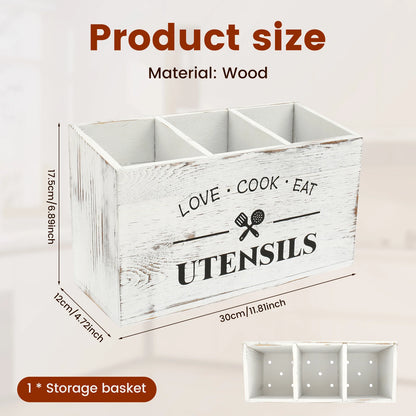 Kitchen Countertop Organizer and Cooking Tools Storage Wooden Kitchen Utensil Holder 3 Compartments Sturdy Silverware Holder