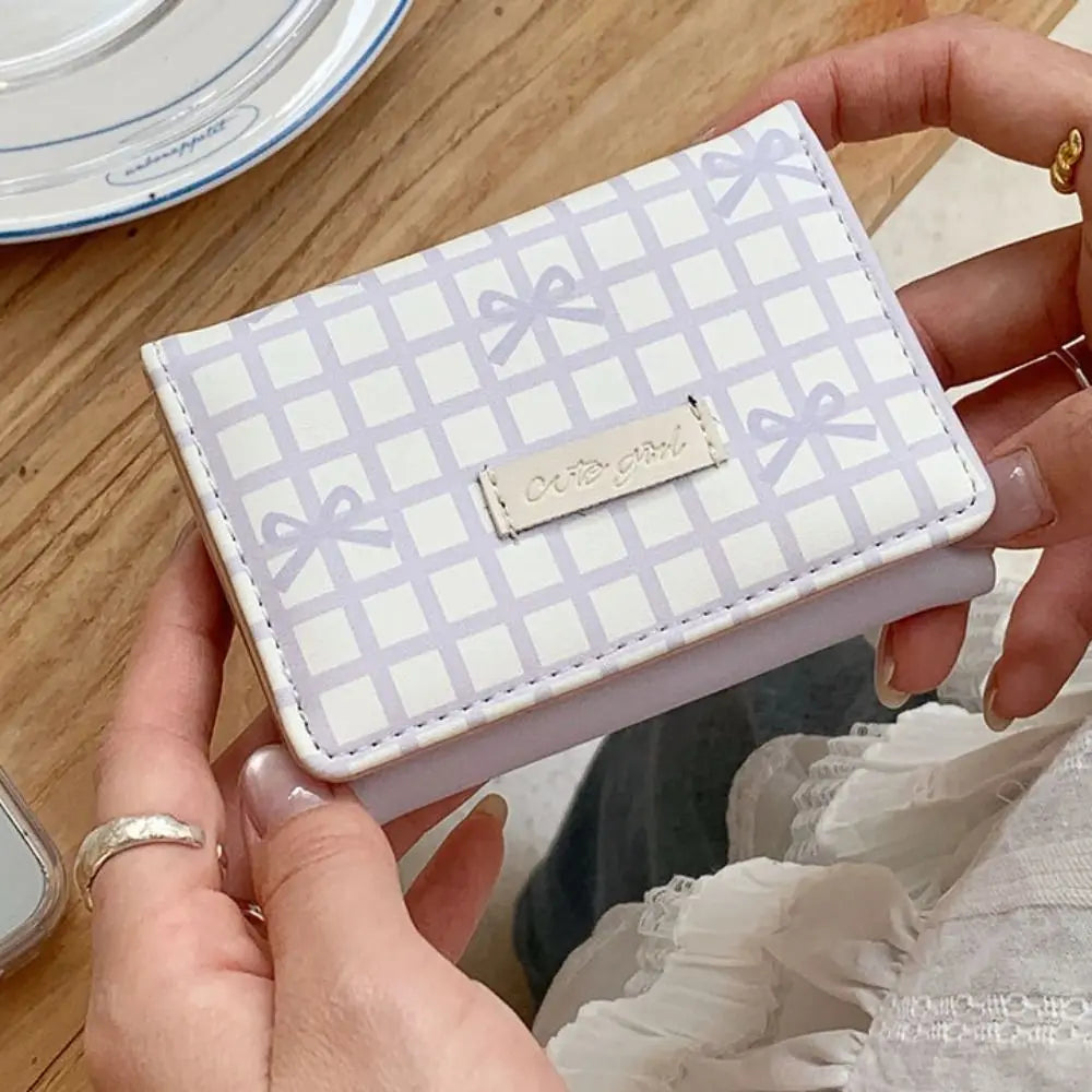 Portable Sweet Cute Tri-Fold Purses Multiple Card Slot Lattice Bow Short Wallet Candy Color PU Leather Women Card Holder Daily