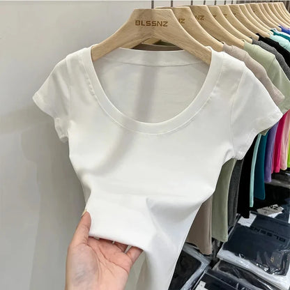 Women's Clothing U-neck T-Shirts Tops Tees pure cotton shoulder sleeved summer solid color slimming short low neck bottom shirt