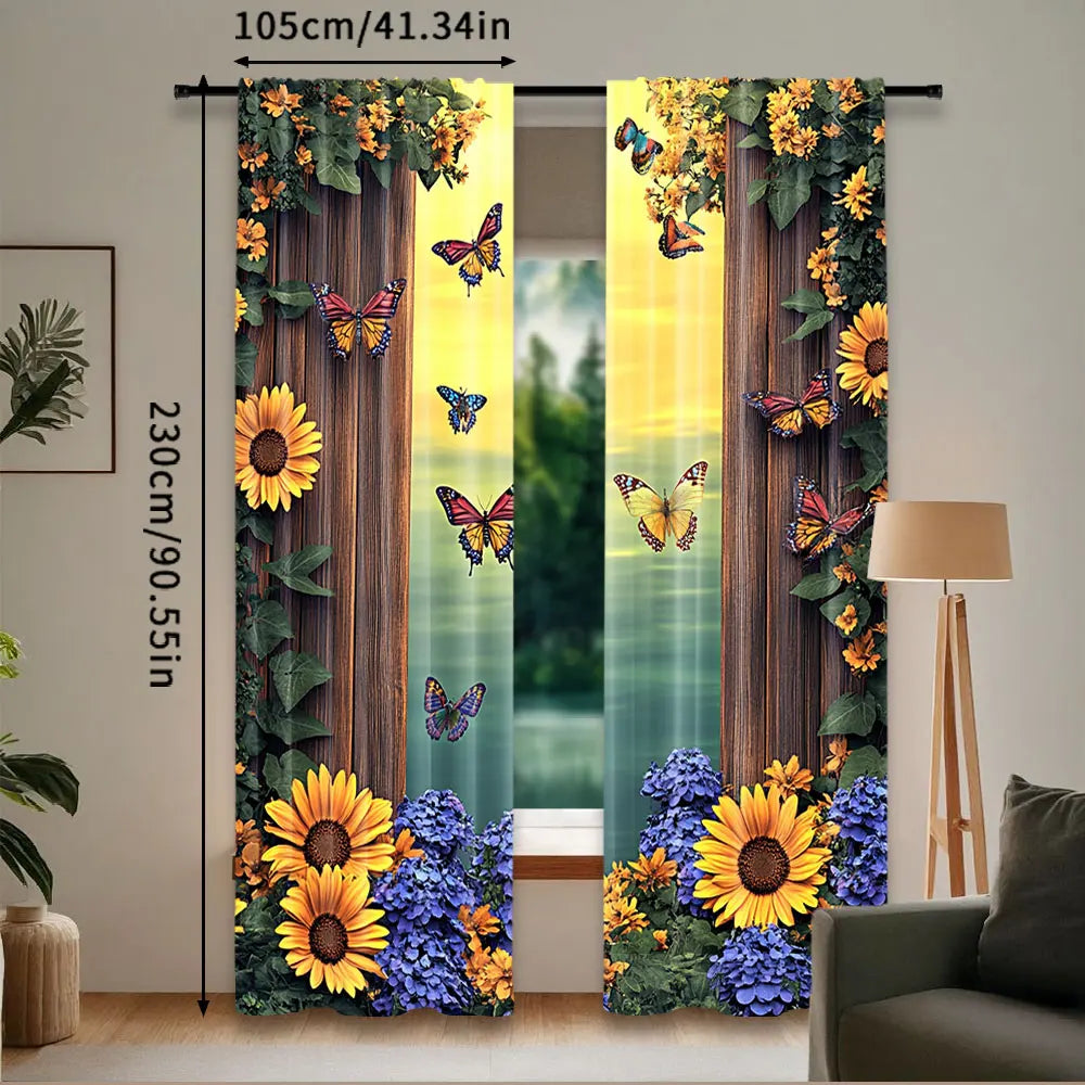 2Pcs Vibrant Sunflower Patterned Butterfly Curtains Stylish Home Decor Suitable For Bedroom Bathroom Living Room Dining Room