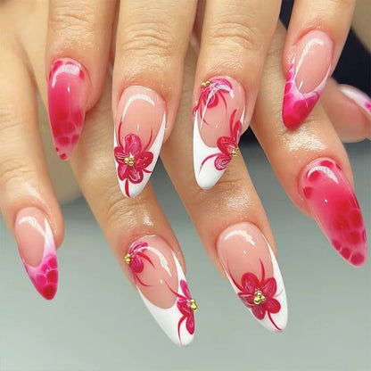 24Pcs Short Almond Press-On Nails Pink Floral French Tip Glossy&Elegant Full Cover Fake Nails for Women&Girls Spring,Daily Wear