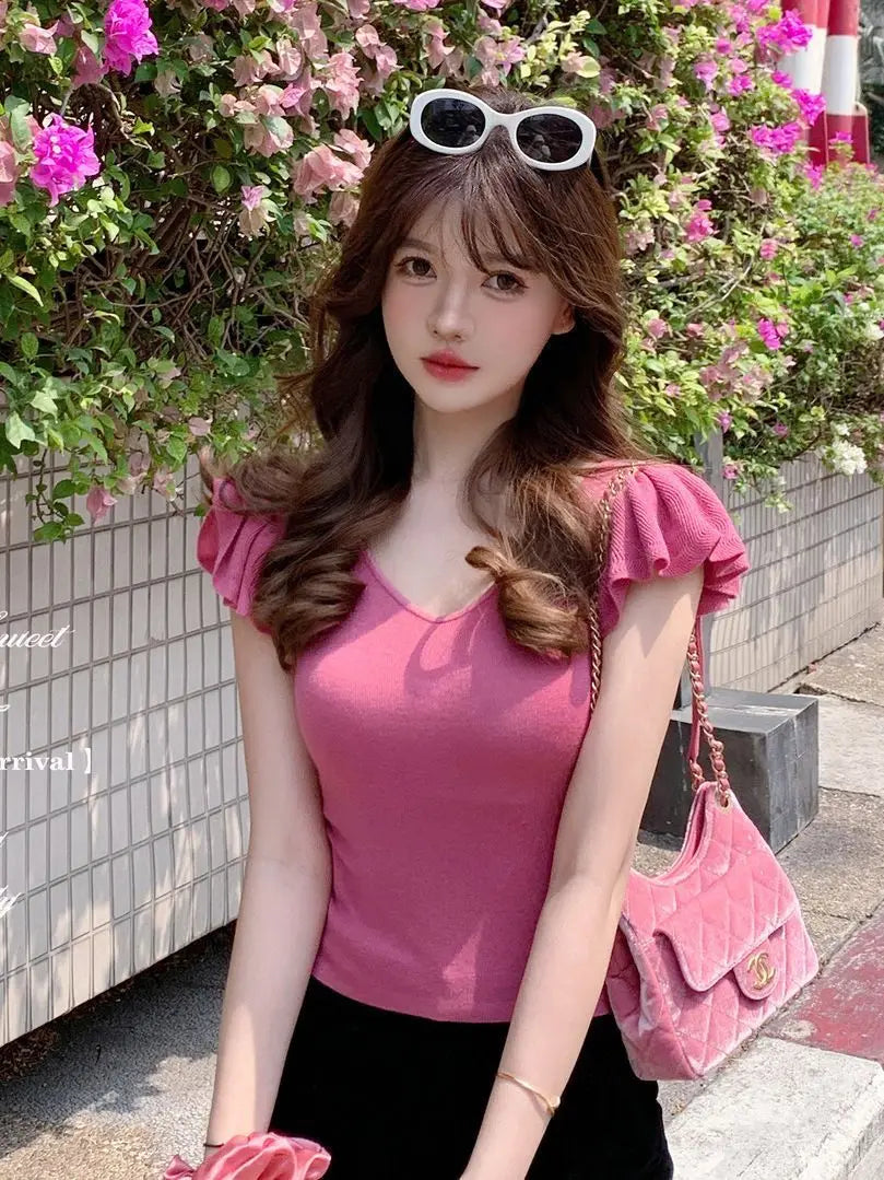 Women Clothes Summer Casual Fashion Simplicity Solid Color V-neck Tops Women's Trend All-match Sweet Temperament Slim T-Shirt