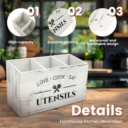 Kitchen Countertop Organizer and Cooking Tools Storage Wooden Kitchen Utensil Holder 3 Compartments Sturdy Silverware Holder