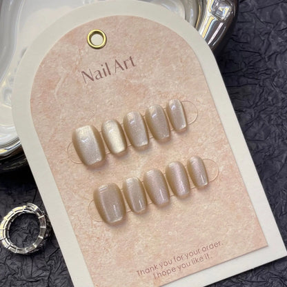 10Pcs Glitter Handmade Press On Nails Short Round Japanese Heart Diamond Full Cover Autumn Decorative Manicure Wearable Nail Tip