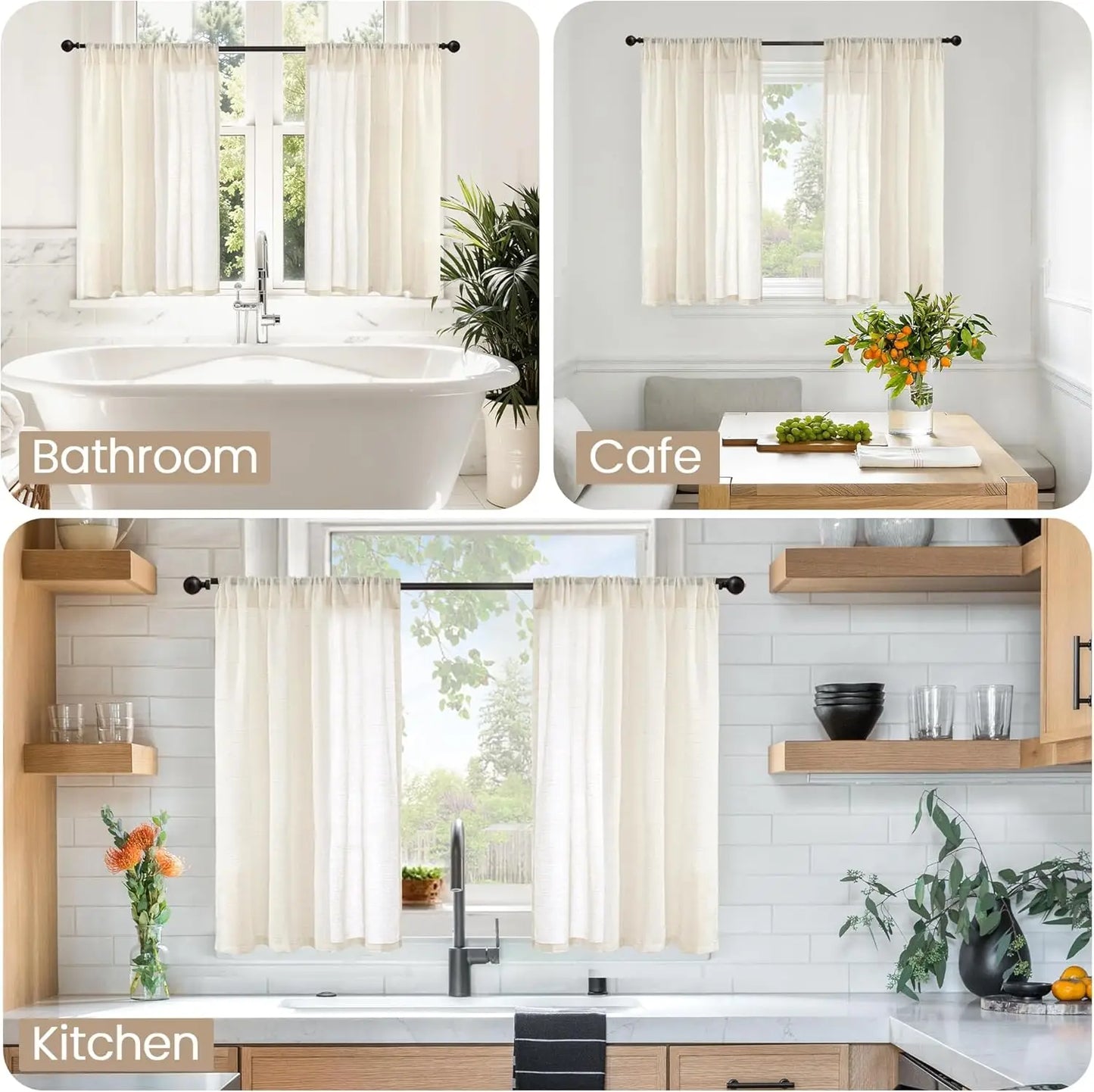 Linen Kitchen Curtains 30 Inch Tier Curtains Farmhouse Cream Beige Short Semi Sheer Drapes with Rod Pocket