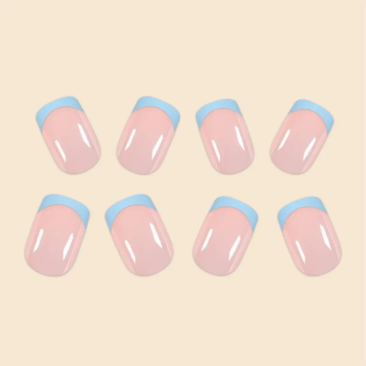 24Pcs/Set Women Girls Short French Light Blue Pink Dual Color Glossy Surface Full Coverage Wearable Fake Nail Press on Nail Art
