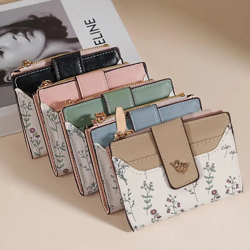 PU Leather Short Wallet Women Multi-Cards Zipper Coin Purse Hasp Small Flowers Card Bag Wallet Zipper Hasp For Girl