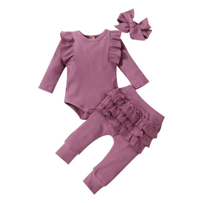 Newborn Baby Girls Clothes Infant Long Sleeve Ruffle Romper Bodysuits+Pants+Bow Headband 3Pcs Suit Children Toddler Outfit A422