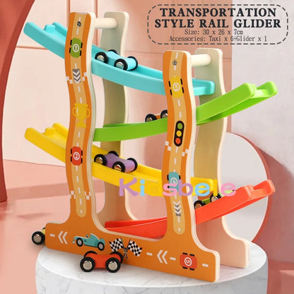 Kids Four-layer Wooden Gliders  Montessori Inertia Track Car Toys Animal And Traffic Theme Early Educational Toys Birthday Gifts