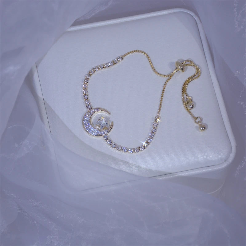 Silver Color Zircon Bracelet For Women Girls Shiny Crystal Bracelets Moon Cherry Butterfly Pendant Bangles Wristband Jewelry