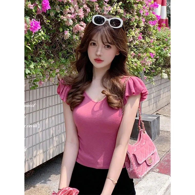 Women Clothes Summer Casual Fashion Simplicity Solid Color V-neck Tops Women's Trend All-match Sweet Temperament Slim T-Shirt