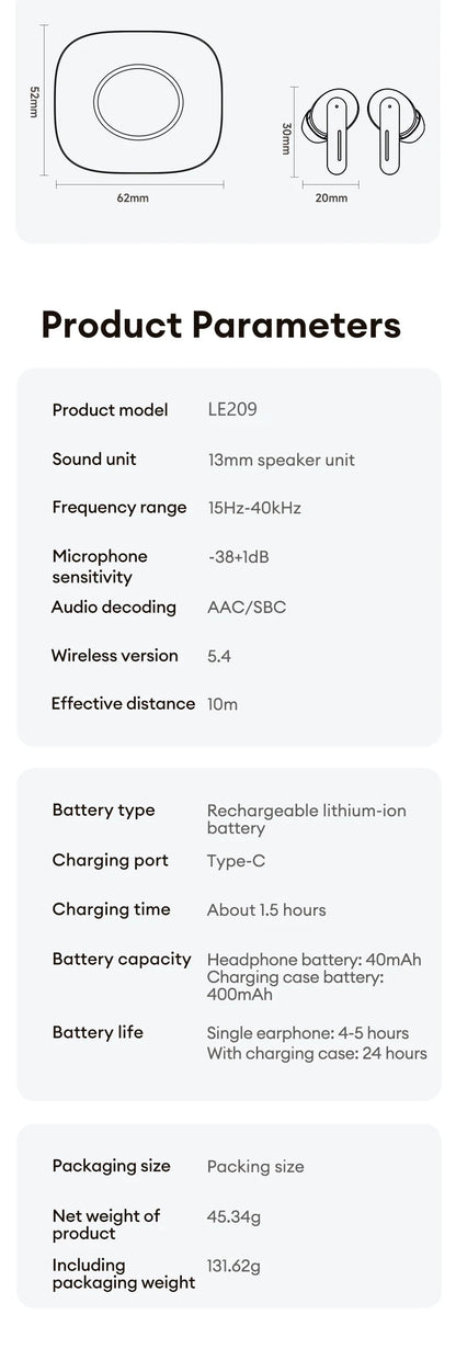 New Lenovo LE209 Wireless Bluetooth Earphone ANC Noise Reduction HiFi Music Bluetooth Headphone 30H Battery Life Gaming Headset