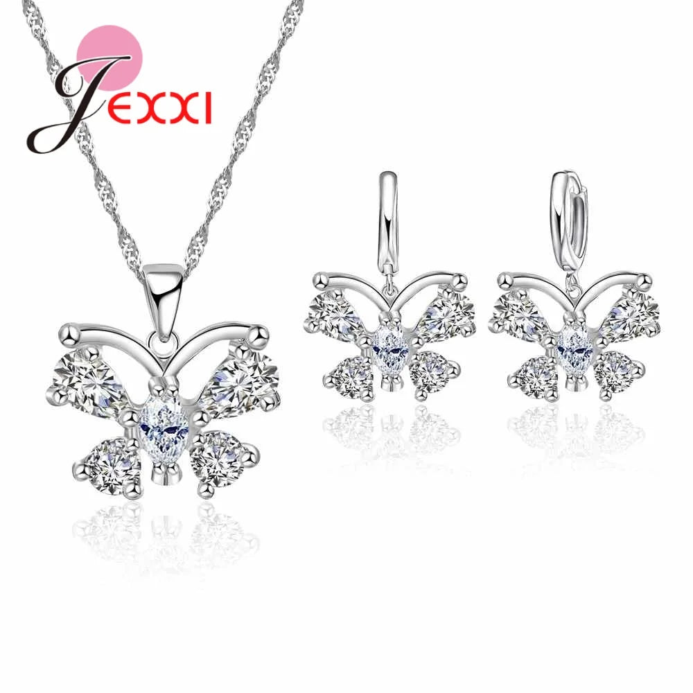 Fine Jewelry Sets Genuine 925 Sterling Silver Zircon Pendant Necklace Earrings Set for Women Crystal Bowknot Bijoux