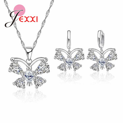 Fine Jewelry Sets Genuine 925 Sterling Silver Zircon Pendant Necklace Earrings Set for Women Crystal Bowknot Bijoux