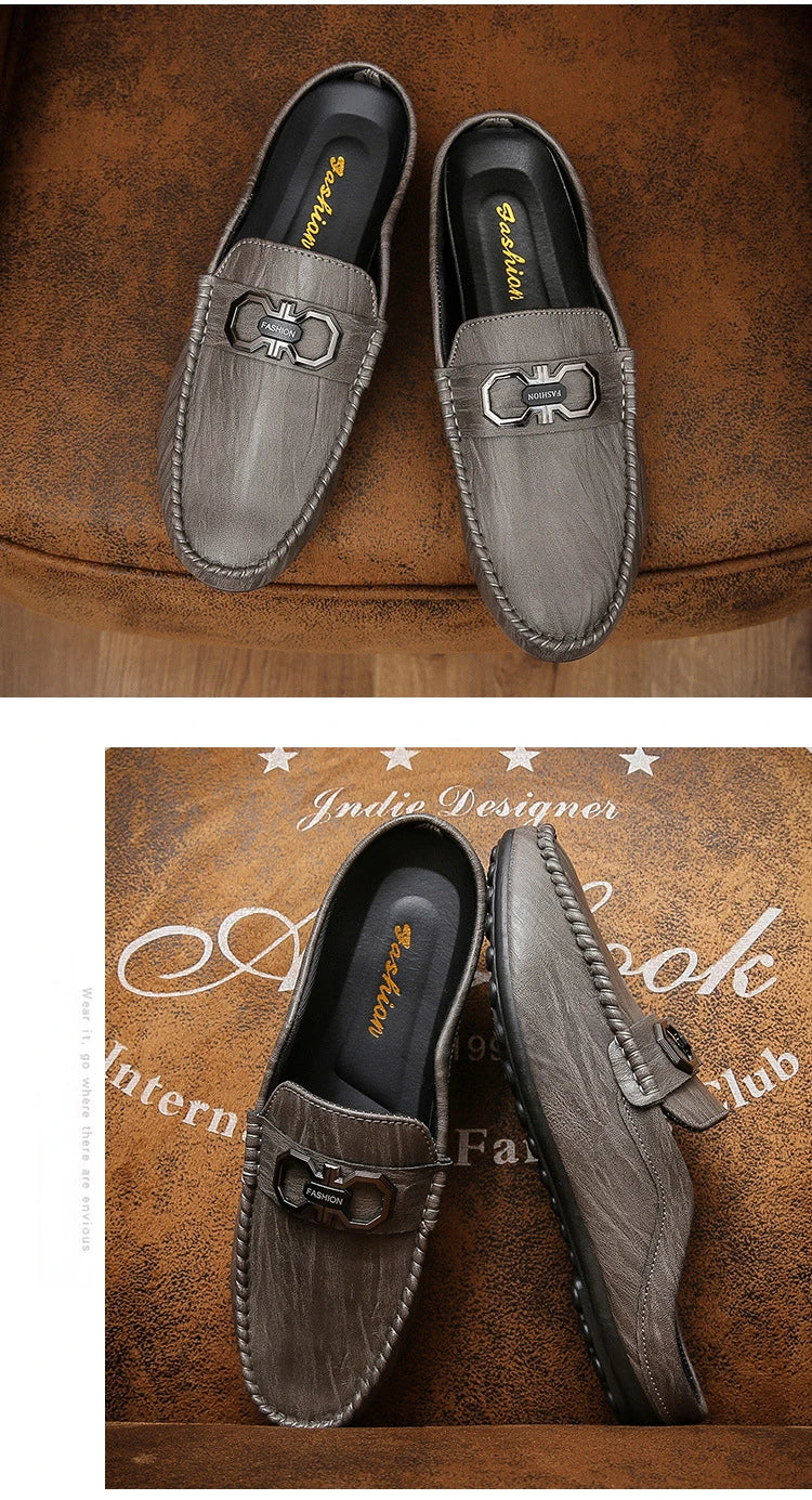 Designer Men Slippers Luxury Leather Casual Shoes for Men Breathable Soft Soled Loafers Fashion British style Men Half Slippers