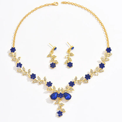 Women's Wedding Jewelry Leaf Cluster Flower Crystal Dangle Earrings Pendant Necklace Set for Bridal