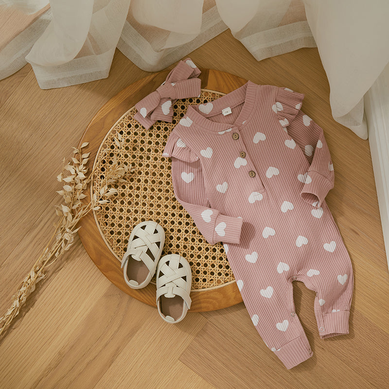 Ruffle Long Sleeve Infant Baby Girls Romper Kids Clothes Cute Heart Print Rib Jumpsuit+Headdress Valentine's Day Kids Playsuit