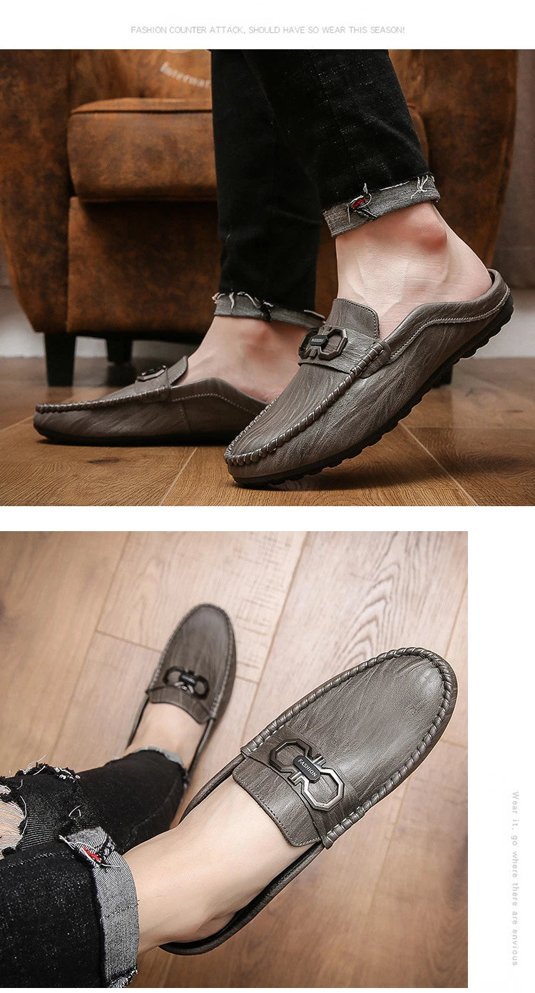 Designer Men Slippers Luxury Leather Casual Shoes for Men Breathable Soft Soled Loafers Fashion British style Men Half Slippers
