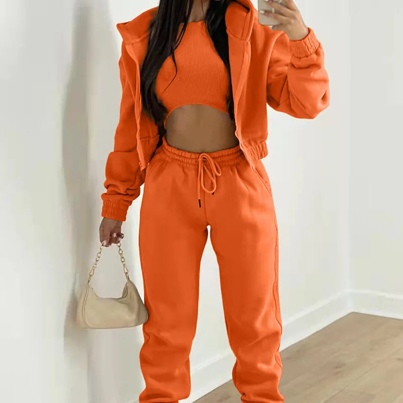 Women's 3-piece Trousers Velvet Hooded Sweatshirt Sports Casual Outfit Casual Long Sleeve Ribbed High Waist Pant Suits Sporty